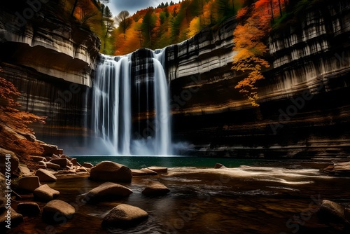 Taughannock Falls  a silky smooth waterfall cascades gracefully along a majestic rock face cliff.Ai generated