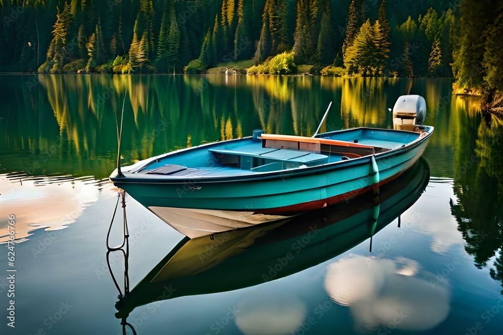 Boat on lake - Single boat waiting on calm, green waters of lake