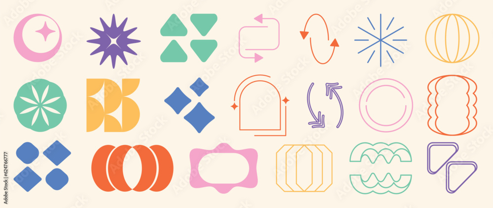 Set of abstract retro geometric shapes vector. Collection of contemporary figure, flower, sparkle, arrow in 70s groovy style. Bauhaus Memphis design element perfect for banner, print, stickers, decor. Set of abstract retro geometric shapes vector. Collection of contemporary figure, flower, sparkle, arrow in 70s groovy style. Bauhaus Memphis design element perfect for banner, print, stickers, decor.