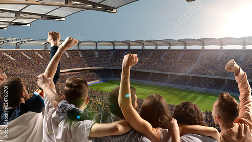 Obraz na plátně Group of fans with scarfs jumping, shouting and supporting of team, backview, 3d model