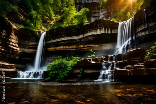 Taughannock Falls  a silky smooth waterfall cascades gracefully along a majestic rock face cliff.Ai generated