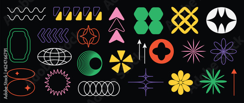 Set of abstract retro geometric shapes vector. Collection of contemporary figure, flower, sparkle, arrow in 70s groovy style. Bauhaus Memphis design element perfect for banner, print, stickers, decor.