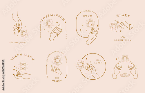 Collection of line design with sun,hand.Editable vector illustration for website, sticker, tattoo,icon