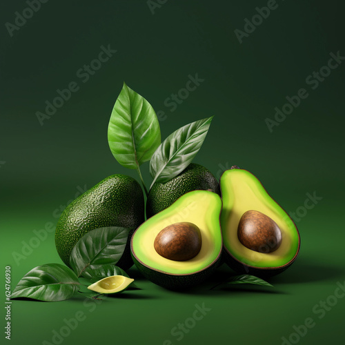 Avocado set with sliced fruit and leaves.