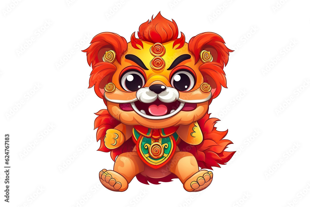 Obraz premium cute Chinese new year lion dancing,white isolated background,cartoon style PNG