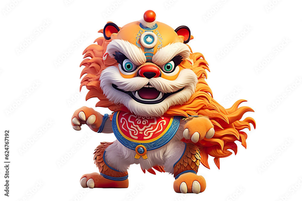 Fototapeta premium cute Chinese new year lion dancing,white isolated background,cartoon style PNG