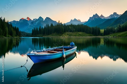 Boat on lake - Single boat waiting on calm, green waters of lake