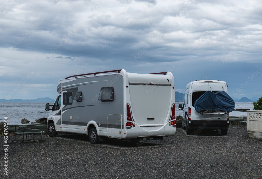 camper van is parked on the coast in Norway