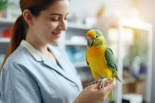 veterinarian in the clinic with a parrot 