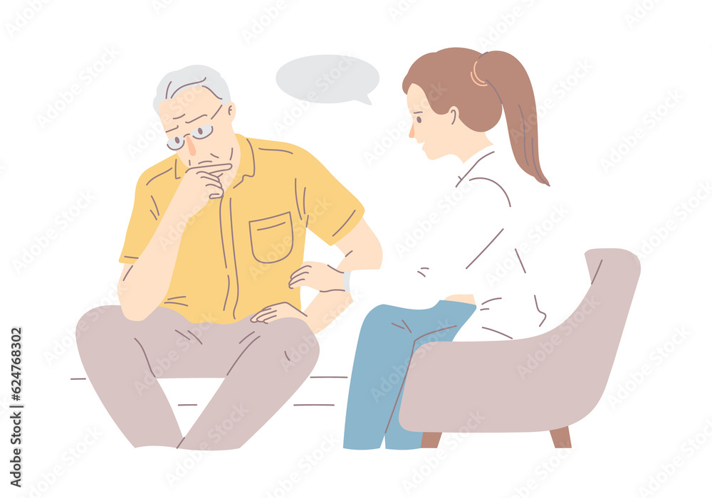 overcome psychotherapy scene between senior man and psychiatrist outline flat overcome psychotherapy scene between senior man and psychiatrist outline flat