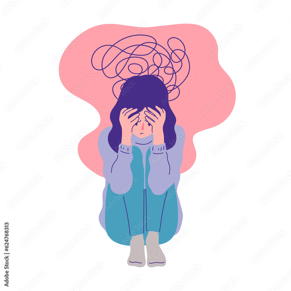 depressed woman sitting face palm pose flat linear illustration depressed woman sitting face palm pose flat linear illustration
