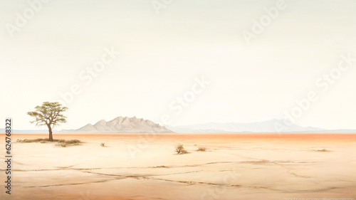 Serene Solitude: Lone Tree in Desert with Majestic Mountains (Generated by AI)