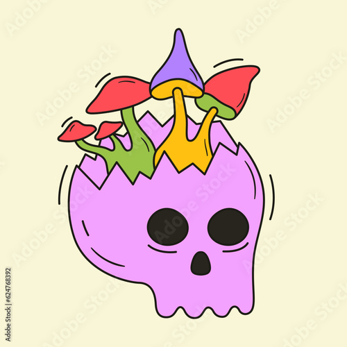 Psychedelic vector drawing of trippy skull with mushrooms. Groovy dead character icon. 60s and 70s style funky design. Abstract acid art sticker