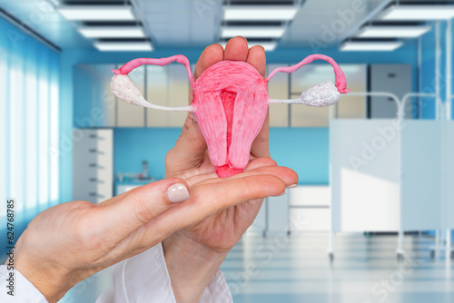 Uterus and ovaries. Hands d...