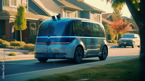  A self-driving delivery van navigating through a suburban neighborhood, showcasing the technology behind autonomous vehicles.Smart city Background © พงศ์พล วันดี