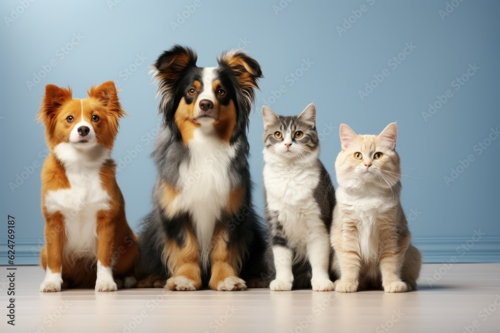 cute cats and dogs on a plain blue background