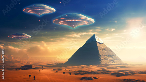 UFOs Hovering Above Desert Pyramid - Enhanced with Generative AI
