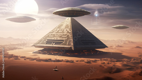 Extraterrestrial Encounter: Spaceships Soaring Above Desert Pyramid with Man - Generative AI