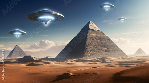 Aliens Flying Over Pyramid in the Desert - Generative AI
