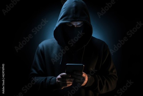 scammer in dark clothes calls on the phone  photo