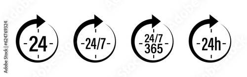 24 7 clock icon set on isolated white background