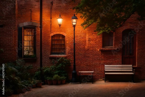 A captivating brick wall  gently illuminated by an antique street light  sets the stage for a charming scene.  AI generated