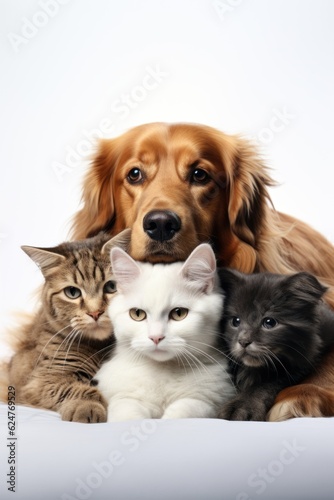 vertical cute three cats and one dog on a plain white background