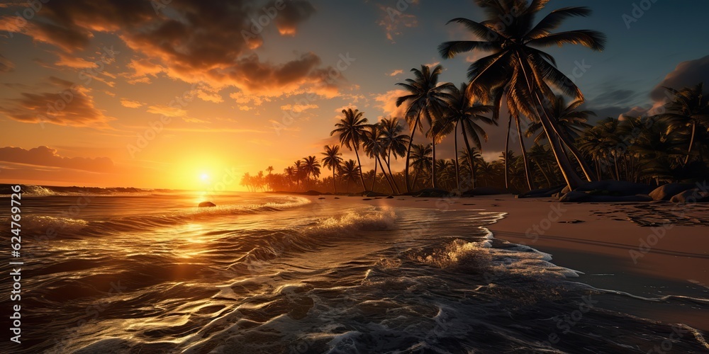 AI Generated. AI Generative. Tropical exotic paradise landscape background. Beach outdoor nature vacation palm trees sand sea ocean view.