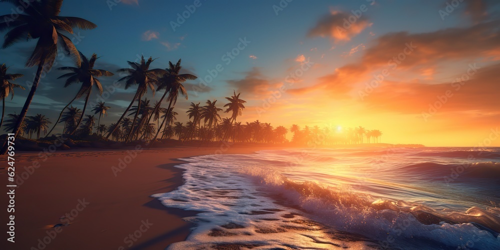 AI Generated. AI Generative. Tropical exotic paradise landscape background. Beach outdoor nature vacation palm trees sand sea ocean view.