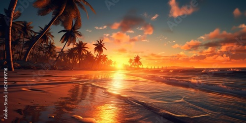 AI Generated. AI Generative. Tropical exotic paradise landscape background. Beach outdoor nature vacation palm trees sand sea ocean view. Graphic Art