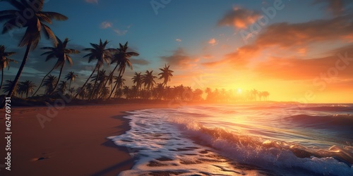 AI Generated. AI Generative. Tropical exotic paradise landscape background. Beach outdoor nature vacation palm trees sand sea ocean view. © Graphic Warrior