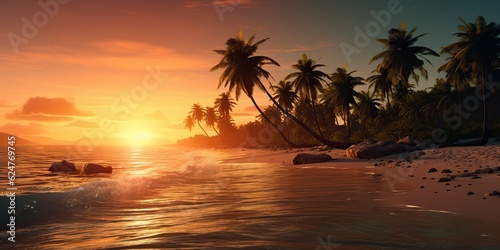 AI Generated. AI Generative. Tropical exotic paradise landscape background. Beach outdoor nature vacation palm trees sand sea ocean view. © Graphic Warrior