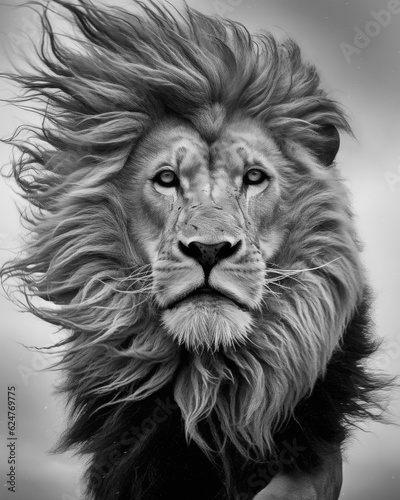 Closeup of majestic lion with wind in his mane photo