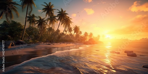 AI Generated. AI Generative. Tropical exotic paradise landscape background. Beach outdoor nature vacation palm trees sand sea ocean view.