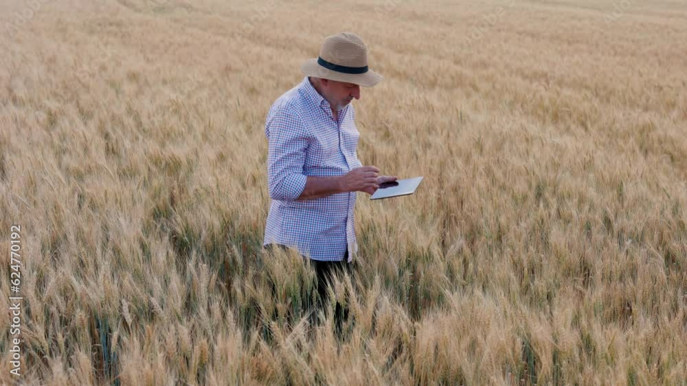 An outdoor shot of a cheerful 50s man, an experienced agronomist, confidently using a digital tablet to access modern technologies and optimize crop production in an agricultural field. An outdoor shot of a cheerful 50s man, an experienced agronomist, confidently using a digital tablet to access modern technologies and optimize crop production in an agricultural field.