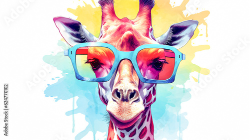 Vibrant Giraffe with Glasses in a Splashy Background - Generative AI