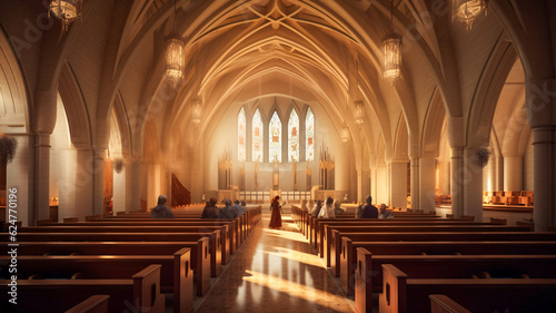 Serene Church Interior with Illuminated Pews - Generative AI