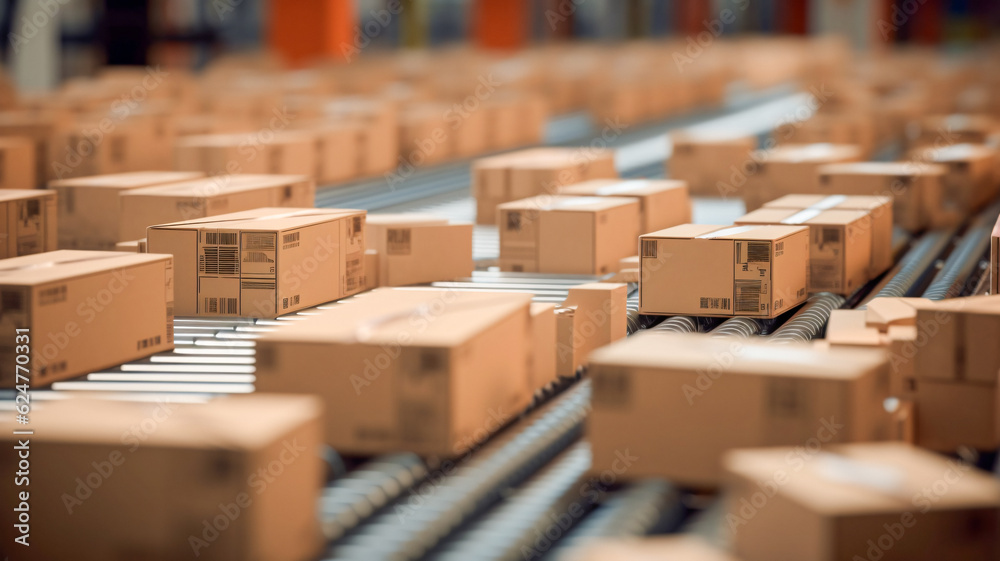 Moving Boxes on Conveyor Belt in Warehouse - Generative AI