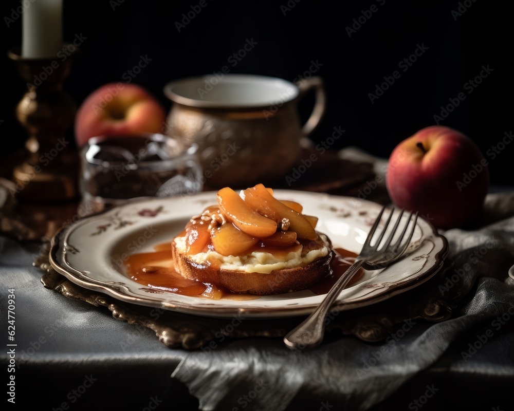 Far Breton topped with caramelized apples, placed on a white ceramic plate surrounded by antique silverware