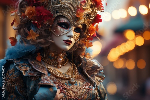 Mysterious figure wearing a Venetian Carnival Mask, evoking the allure and elegance of Venice. Generative AI © bluebeat76