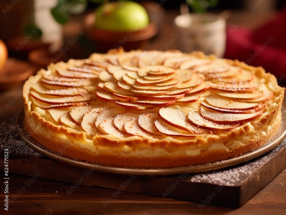 Tarte aux Pommes with layers of thinly sliced apples and a golden crust on a wooden table Tarte aux Pommes with layers of thinly sliced apples and a golden crust on a wooden table