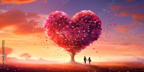 AI Generated. AI Generative. Lovely romantic love couple together with heart shape background landscape vacation. Wedding relationship vibe. Graphic Art