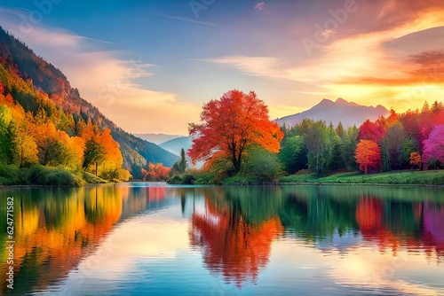 autumn in the mountains , reflection in the river 