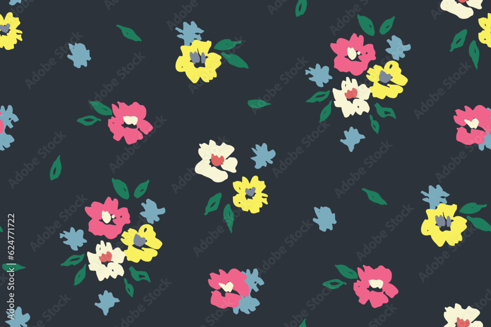 Seamless floral pattern, liberty ditsy print of mini painted botany. Cute botanical design with simple hand drawn plants: small colorful daisy flowers, leaves on black background. Vector illustration.