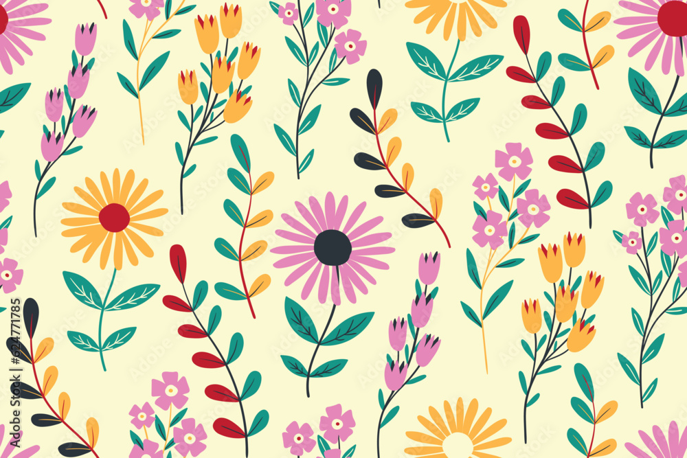 Seamless floral pattern, retro style ditsy print with funny cartoon plants. Cute botanical design: large hand drawn daisies, leaves, sprigs of small flowers on a light background. Vector illustration.