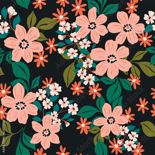 Seamless floral pattern, liberty ditsy print with cute large botany in retro folk style. Beautiful botanical design of hand drawn wild plants: flowers, leaves on black background. Vector illustration.