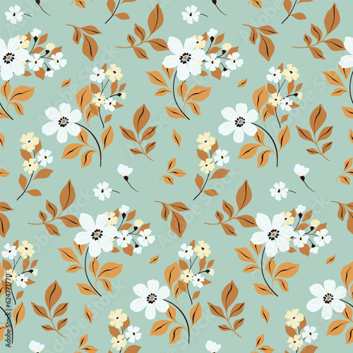 Seamless floral pattern, liberty ditsy print with gentle botany in rustic style. Vintage botanical design: hand drawn large flowers, branches, small leaves on a blue background. Vector illustration.