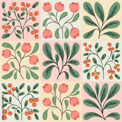 Wallpaper Mural Set of decorative art plants in retro style. Cute wild botany: small flowers, twigs, leaves, berries isolated on light tiles. Collection of hand drawn plants in pastel colors. Vector illustration. Torontodigital.ca