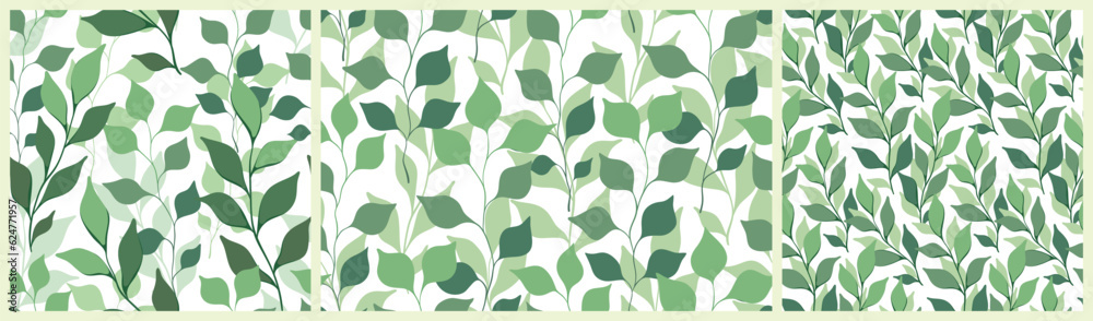 Seamless pattern with soft watercolor foliage in the set. Delicate botanical design with hand drawn light green leaves, twigs on a white background. Vector illustration with spring botany. Seamless pattern with soft watercolor foliage in the set. Delicate botanical design with hand drawn light green leaves, twigs on a white background. Vector illustration with spring botany.