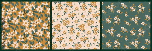 Seamless floral pattern, liberty ditsy print with mini chamomiles in the set. Pretty botanical design: tiny hand drawn flowers, small cute daisies, leaves on different background. Vector illustration.